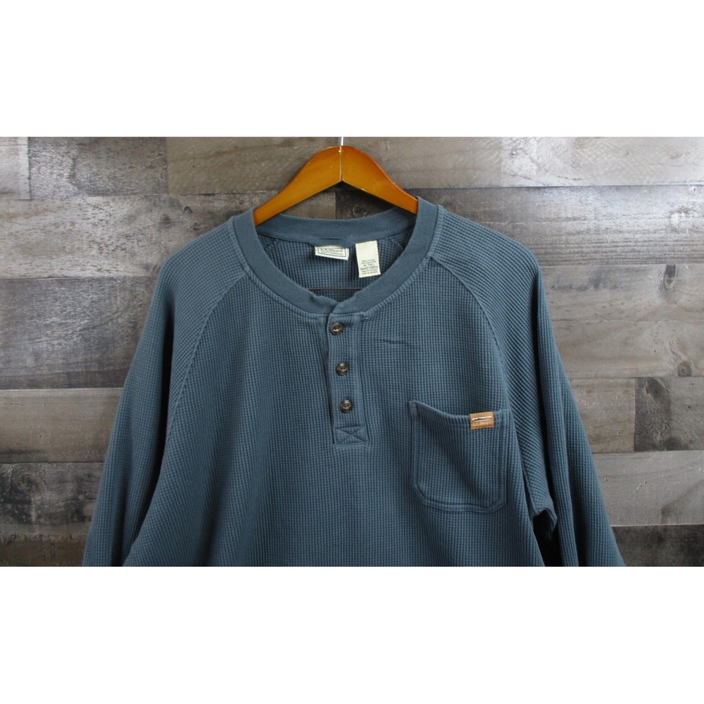LL Bean Henley Shirt Mens XL Tall Blue Waffle Knit Thermal Long Sleeve Pocket